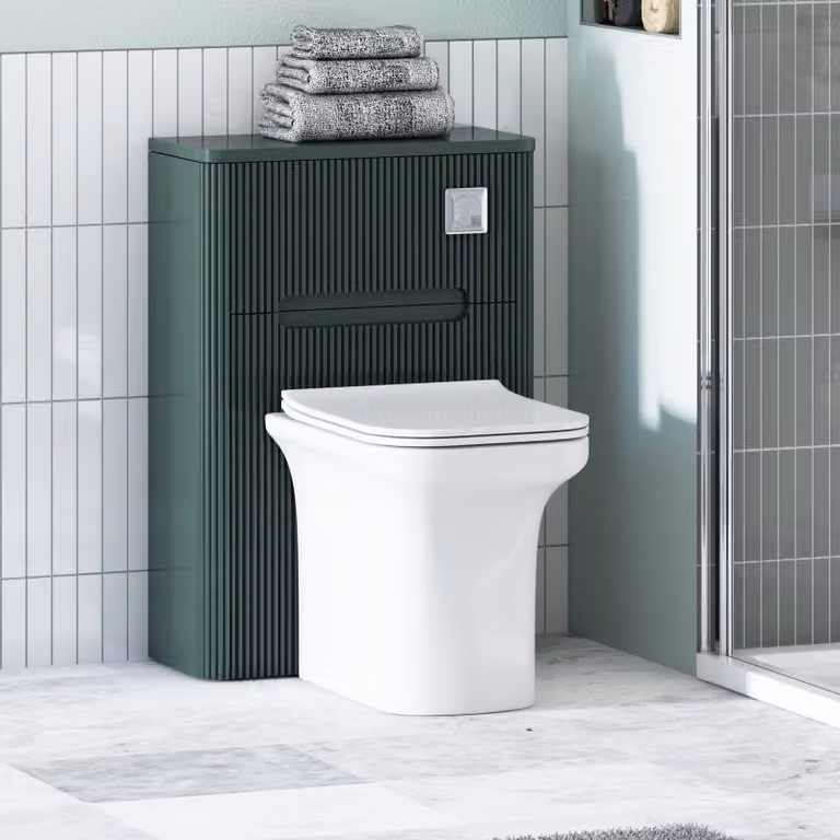 Avenza Moss Green Wall Mounted WC Unit with Crosby Rimless Ceramic Toilet Pan, Seat and Cistern, Depth: 55 cm