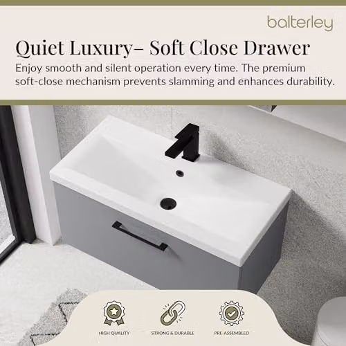 Balterley Wall Hung Single Drawer Vanity Unit with Basin and Black D Shape Handle, Grey, W: 81.0 cm, D: 39.0 cm, H: 39.9 cm – 3