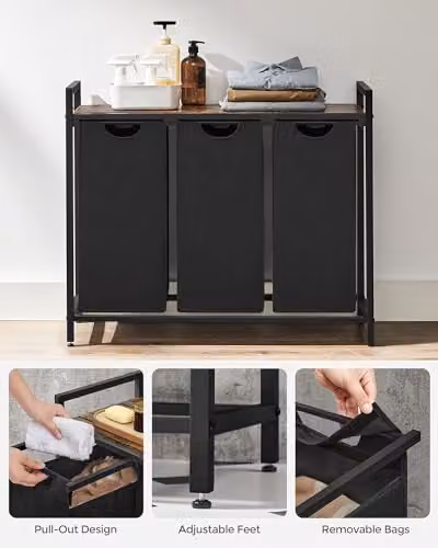 Hygrad Large Industrial Wooden and Metal Laundry Hamper Organiser with 3 x 30L Removable Bags in Black or Brown – 6