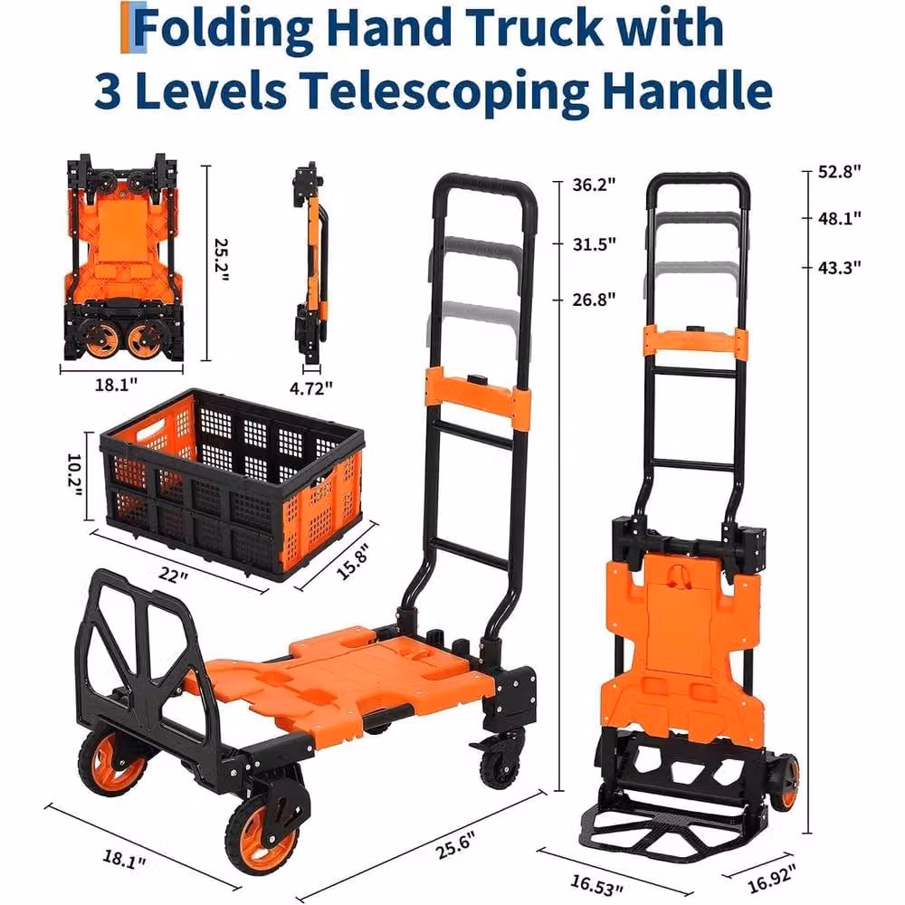 VOGREX 2-in-1 Folding Hand Trolley Dolly, Orange Steel, 150kg Max Load – 2