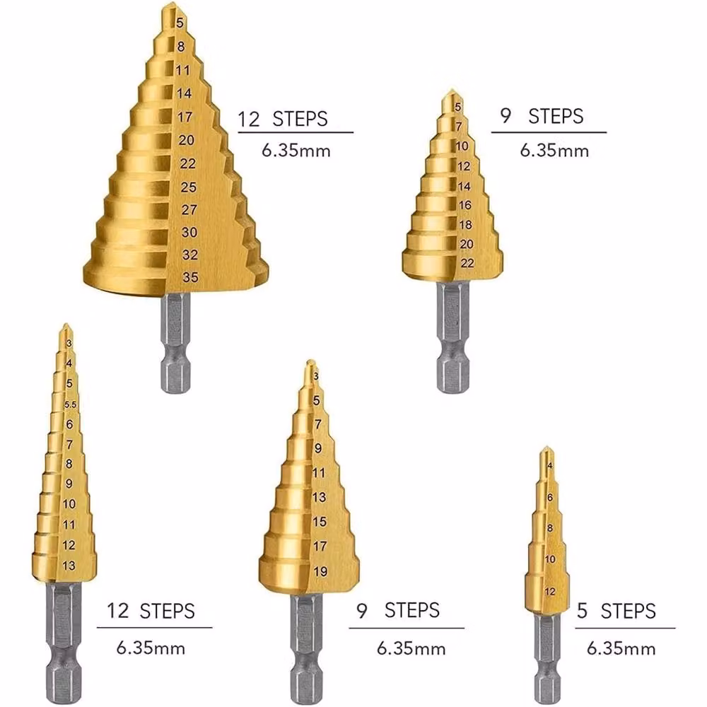 Nordara 5-Piece HSS Step Drill Bit Set with 1/4 inch Hex Shank for Metal, Wood and Plastic in Metallic Gold – 2