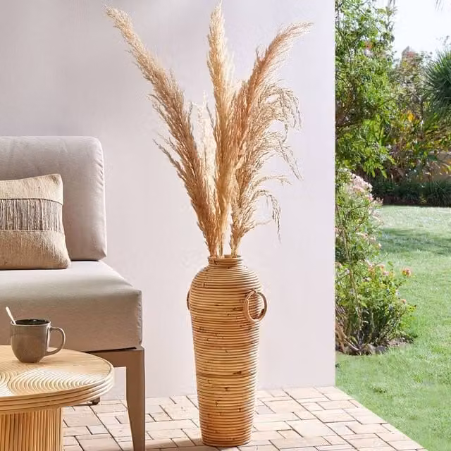 Wyld and Coco Handwoven Rattan Tabletop Vase in Beige and Sand, Height: 50 cm