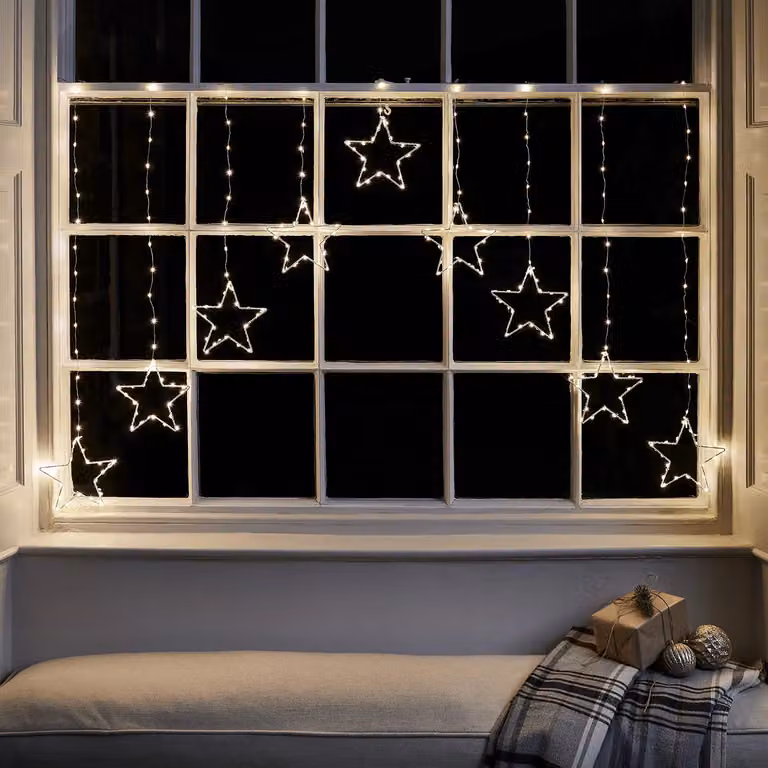Lights4fun Christmas Indoor Star Curtain Window Light Decoration with 258 Warm White Micro LEDs, White, W/H: 120 x 120 cm