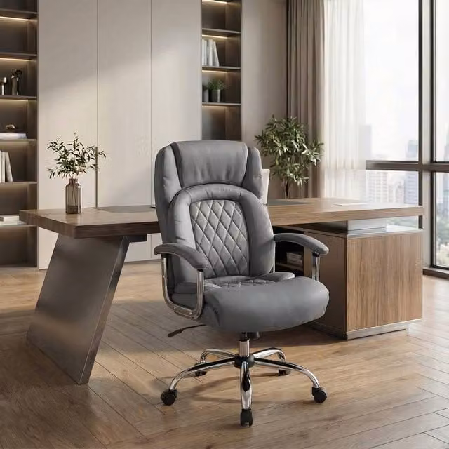 Costway Modern Grey PU Leather Executive Office Chair with Headrest and Armrests – 1