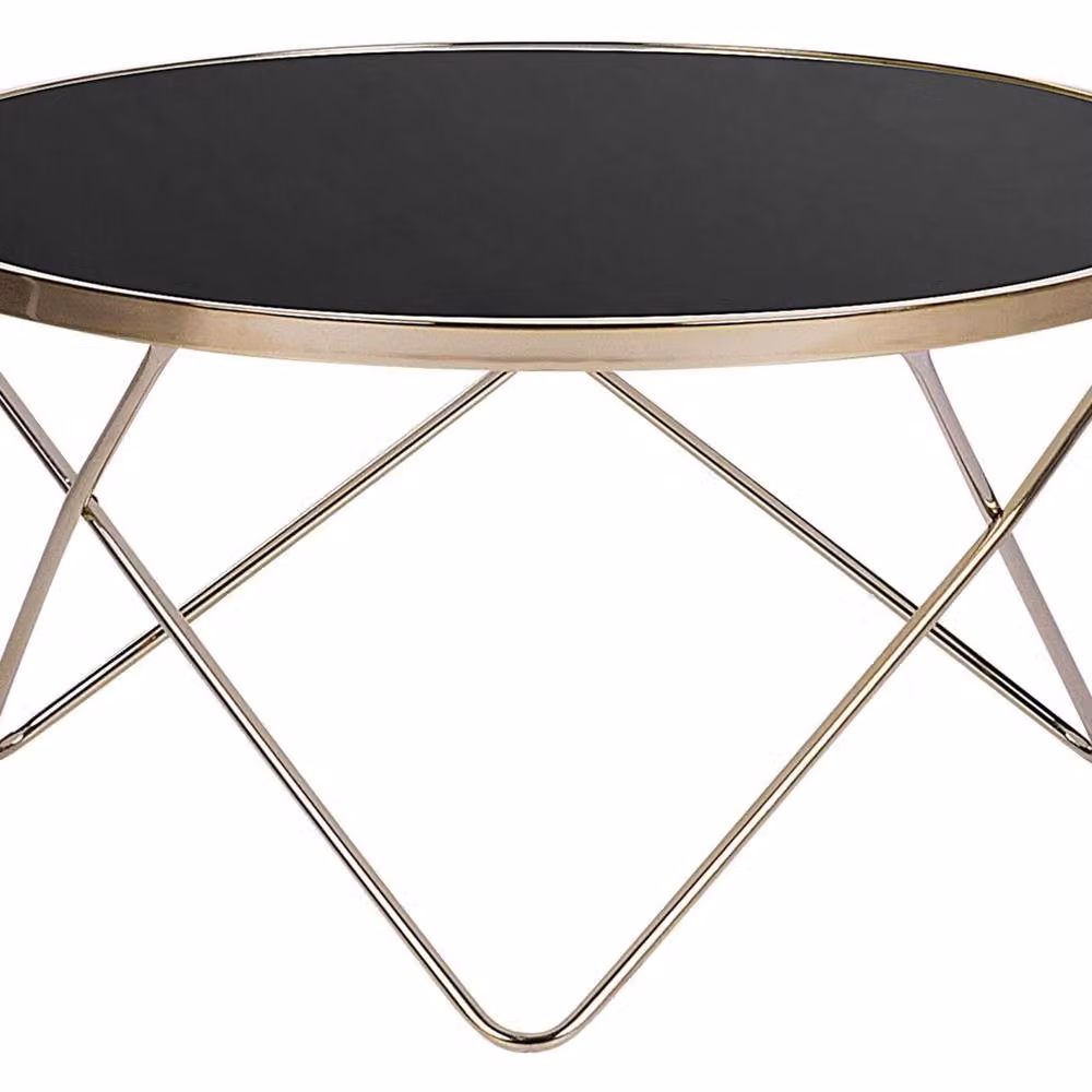 Wyld and Coco Round Coffee Table with Black Glass Top and Gold Legs, Diameter: 80 cm, Height: 40 cm – 2