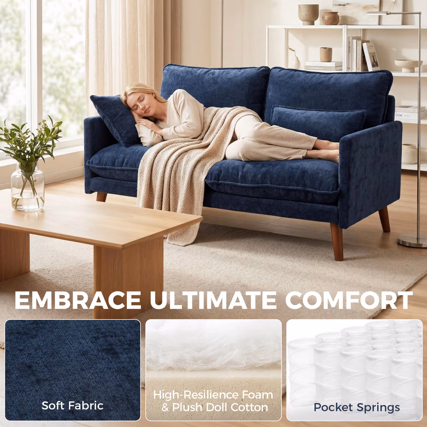 HOMCOM Blue Velvet 2 Seater Sofa with Scatter Cushions and Rubberwood Legs – 4