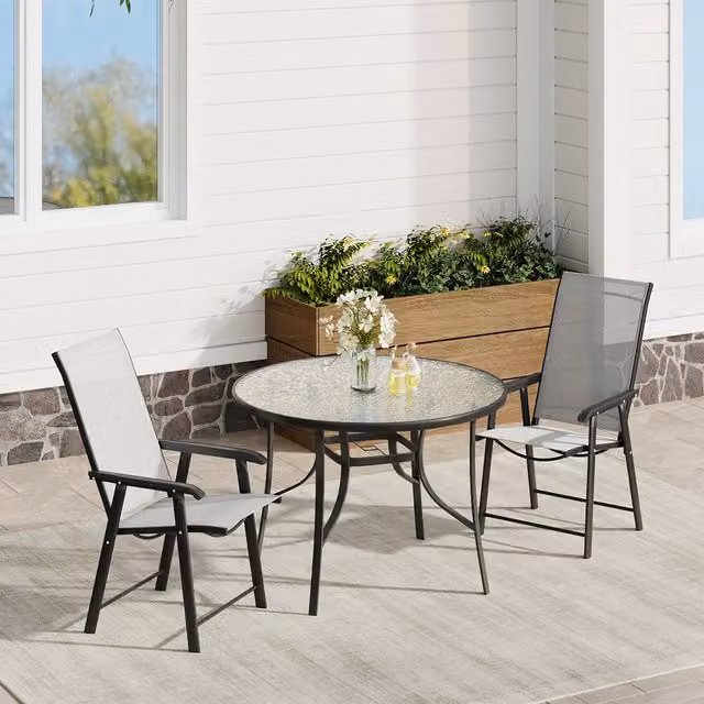Komore Modern Garden Bistro Set with Round Glass Table and 2 Folding Chairs in Black