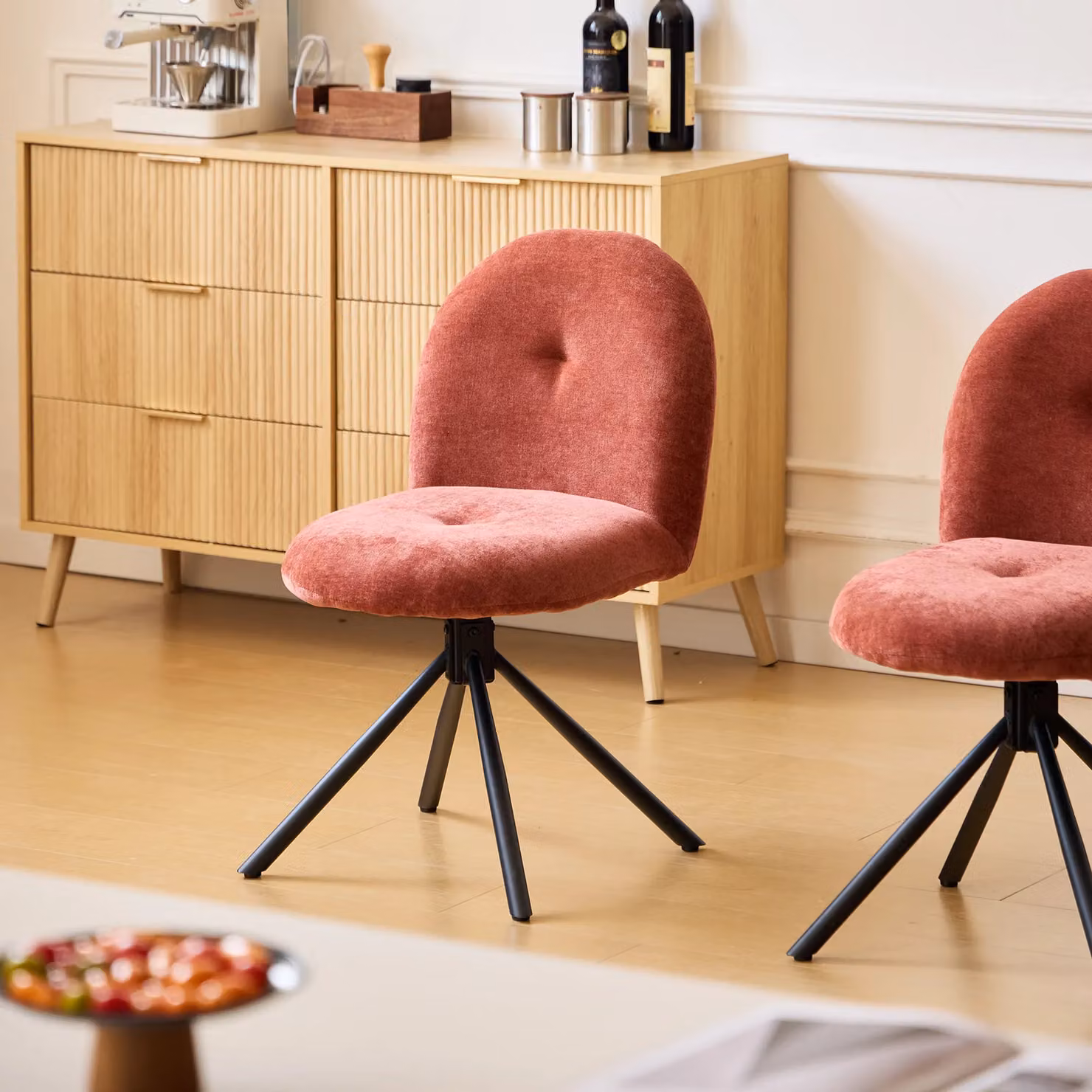 Nordlys Set of 2 Red Velvet and Metal Rotating Dining Room Chairs – 2
