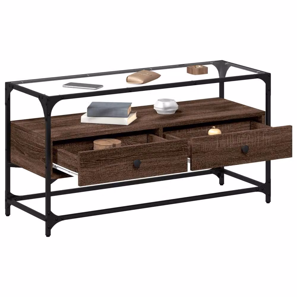 Berkfield Home Industrial TV Cabinet with Glass Top in Brown Oak, W/D/H: 98 x 35 x 51 cm – 3