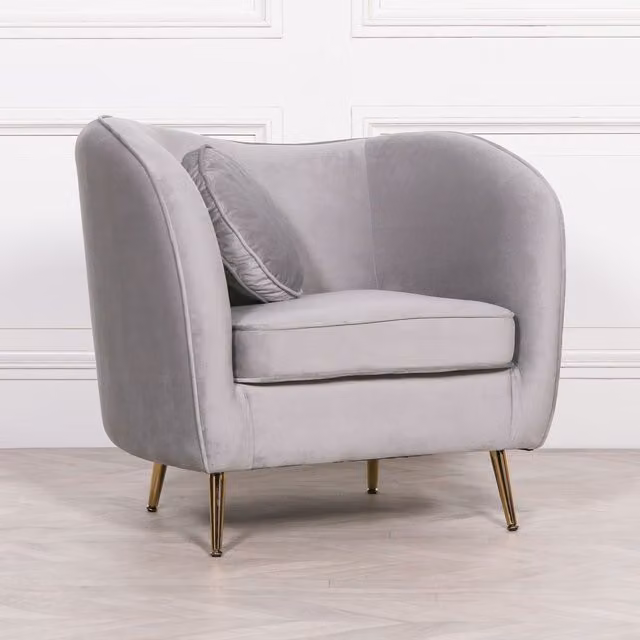 Glasstone Grey Velvet Armchair with Metallic Silver Cushion