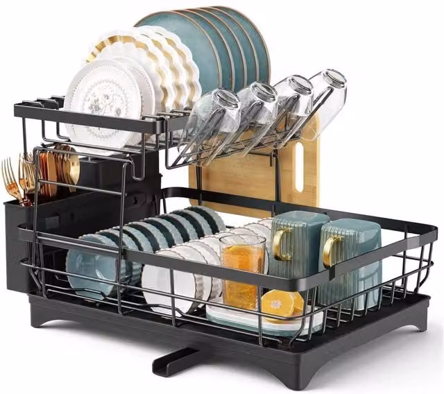 KORVIXA 2 Tier Black Coated Steel Dish Drainer Rack with Cutlery and Cup Holder – 1