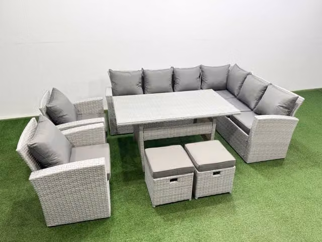 Fimous 10 Seater Rattan Garden Furniture Set with Corner Sofa and Dining Table in Light Grey