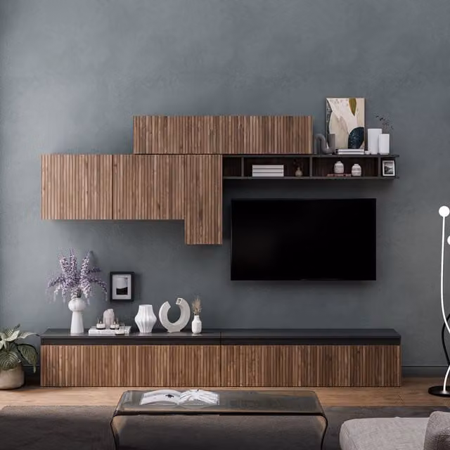 Decorotika Lagos Wall Mounted Entertainment Center in Black and Brown with Alina Pattern