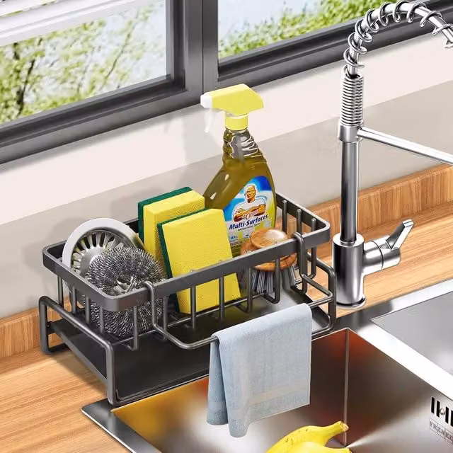 VOGREX Black Stainless Steel Kitchen Sink Caddy Basket and Sponge Drain Rack – 1