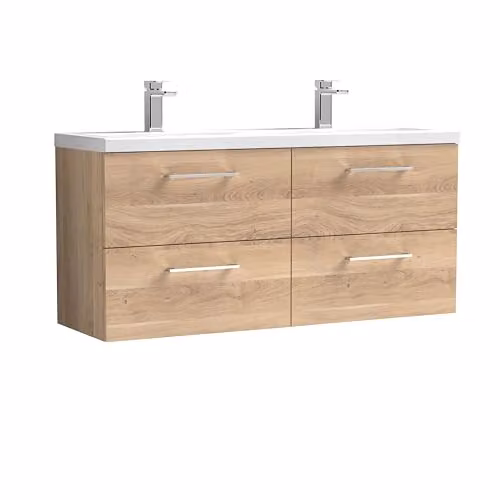 Balterley Wall Hung Twin Basin Vanity Unit with 4 Soft Close Drawers and Rectangular Sinks in Bleached Oak, W/D/H: 120.5 x 38.3 x 58.0 cm