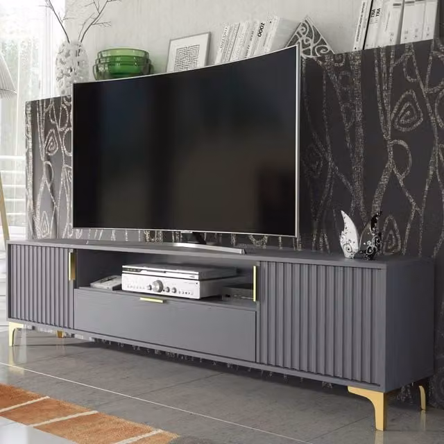 Mex Furniture LTD Tide Crest Modern TV Unit in Dark Grey and Gold, W: 200 cm, D: 50 cm, H: 35 cm