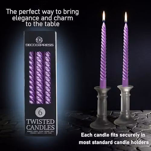 Deco Express Non-Drip Twisted Unscented Dinner Candles, Metallic Purple, Pack of 6 – 3