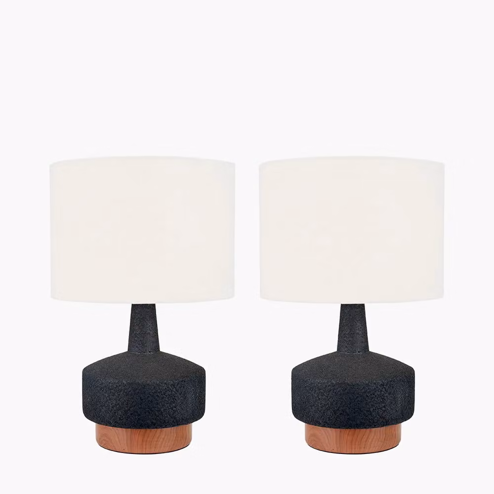 Ruma Set of 2 Elio Modern Black and Wood Effect Textured Ceramic Table Lamps – 3