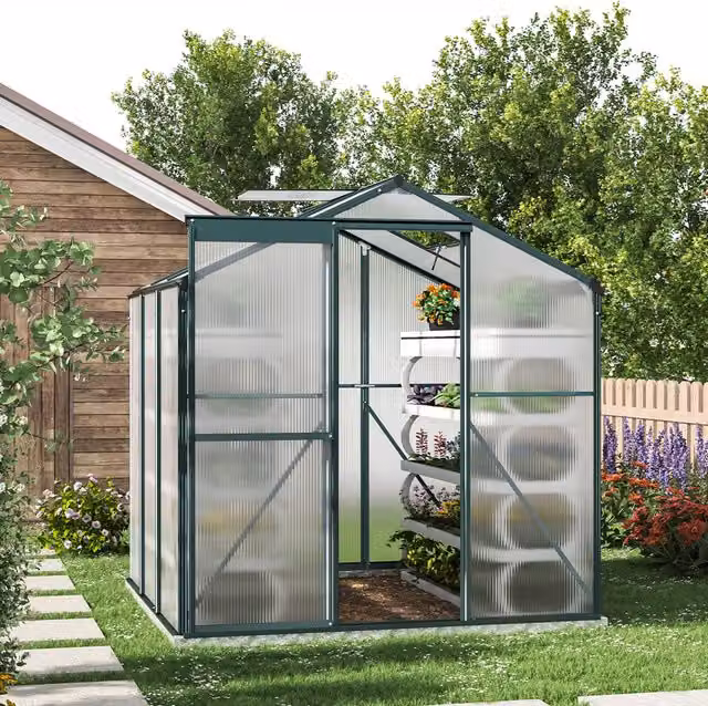 Livingandhome Garden Greenhouse with Vents, Green and Transparent, W/D/H: 190 x 190 x 190 cm