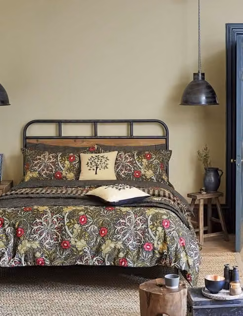 Morris & Co Seaweed Floral Cotton Percale Bedding Set, Black and Multicolour, W: 180 cm, H: 200 cm