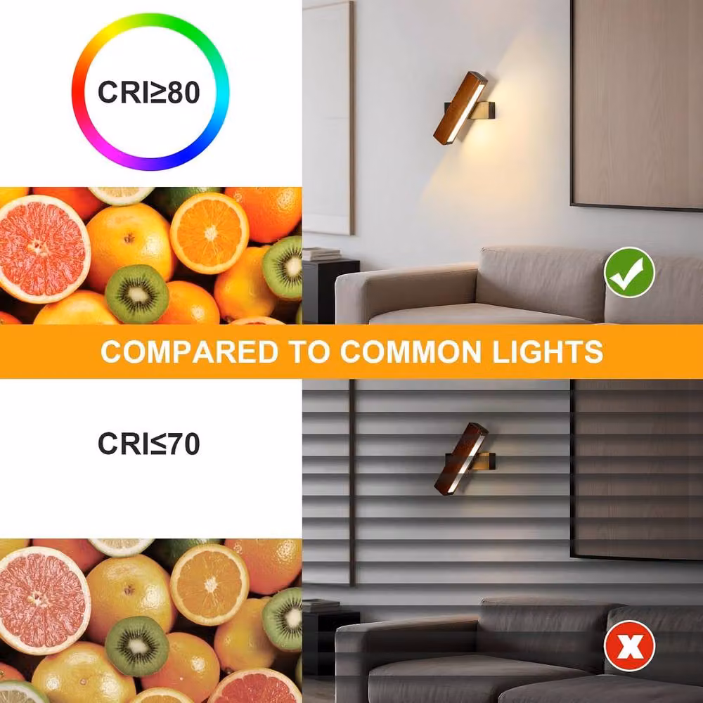 Goeco Wooden LED Wall Light in Black with 350 Degree Adjustable Rotation and 3000K Warm White Light – 4
