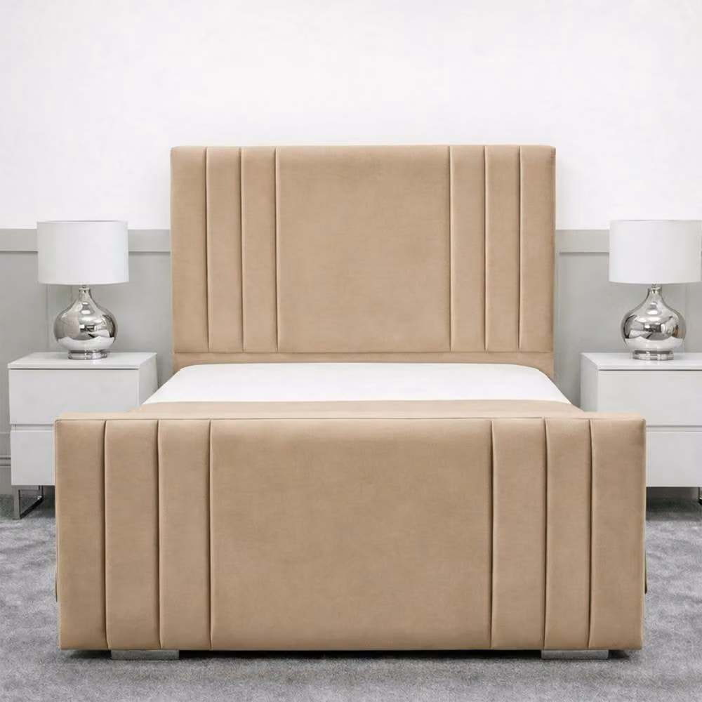 Living Comfort Bedz Canberra Double Upholstered Plush Velvet Bed with Slatted Base and 48 Inch Headboard in Beige, W/D/H: 140 x 200 cm