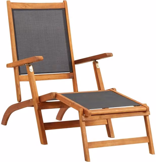Berkfield Home Outdoor Deck Chair in Brown Acacia Wood and Textilene with Adjustable Headrest and Armrests