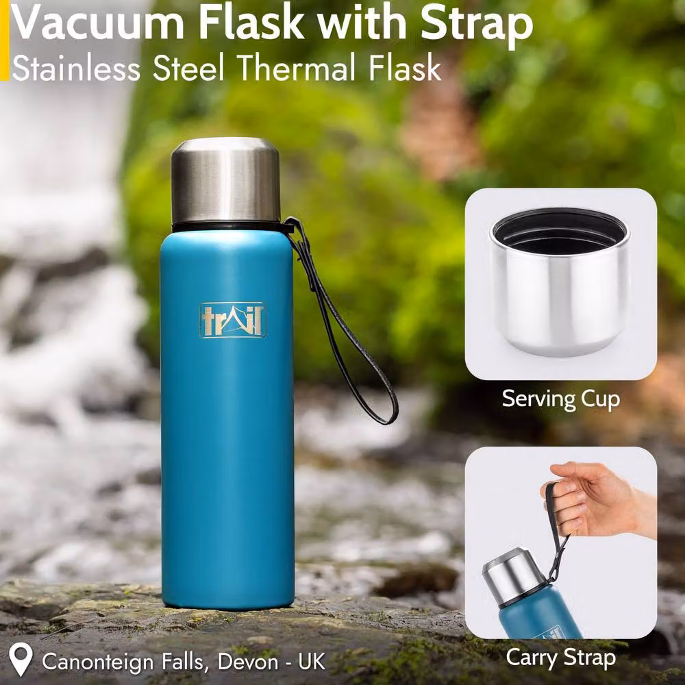 Trail Stainless Steel Vacuum Insulated Leakproof Flask with Strap, Petrol Blue, 800 ml – 2