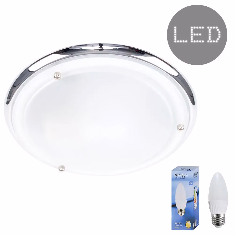 ValueLights Modern Silver Chrome and Glass IP44 Rated Round Flush Ceiling Light for Bathroom and Kitchen with Warm White LED Bulb – 2