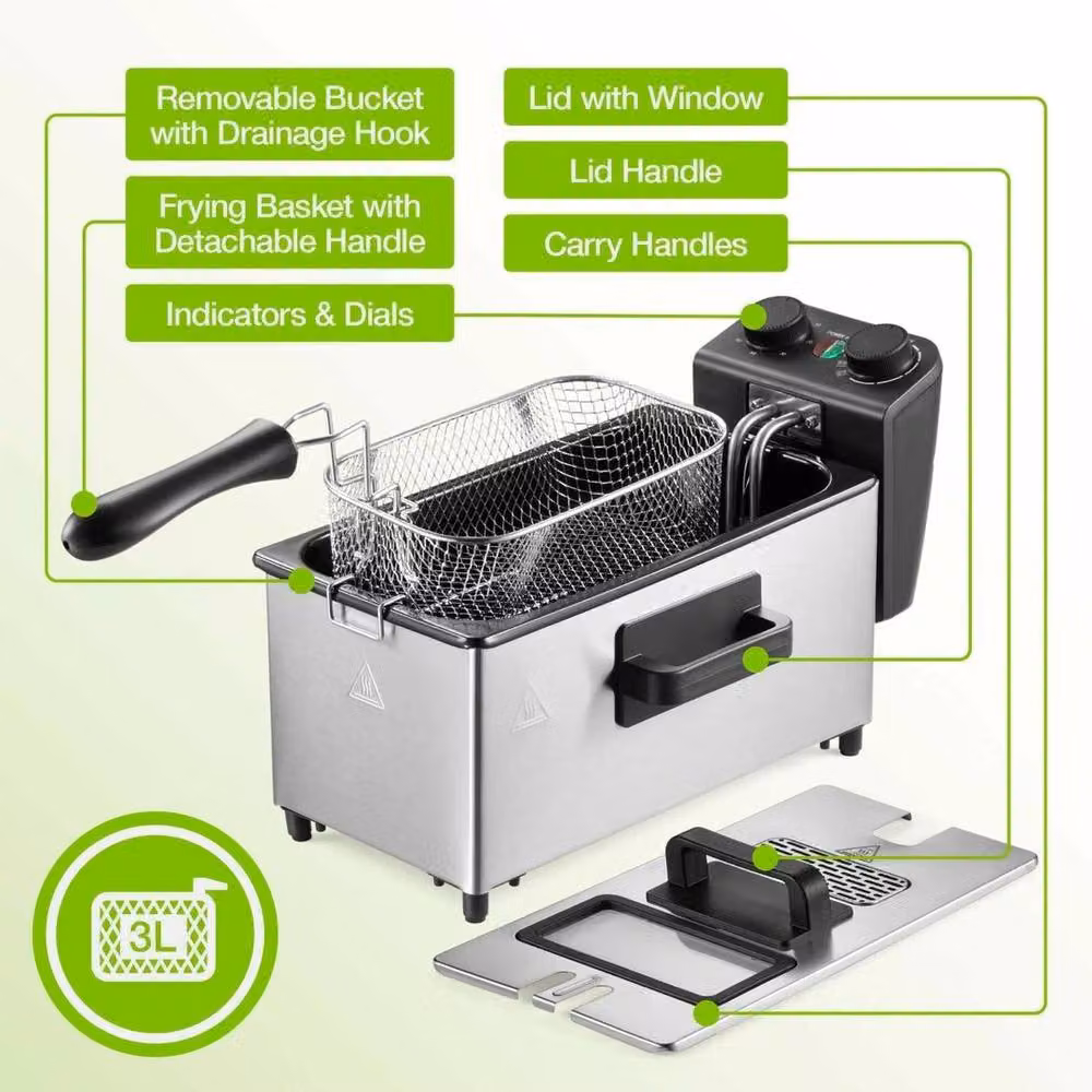 EONLION 2000W Deep Fat Fryer with 3L Capacity and Adjustable Thermostat in Silver – 2