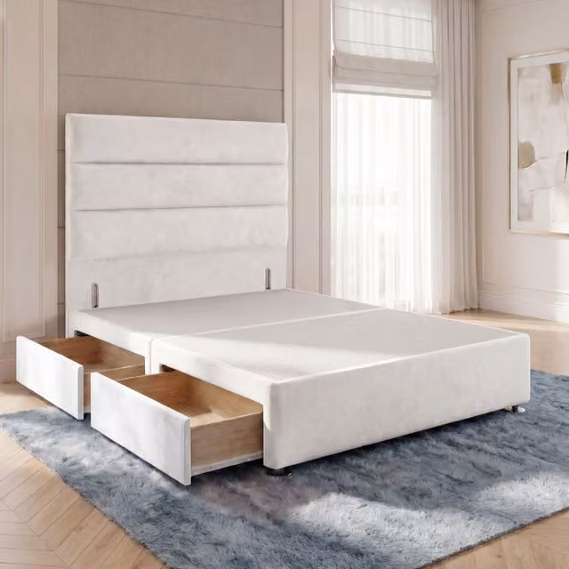 Horizona White Velvet Upholstered Double Divan Bed Base with Drawers and Floor Standing Headboard W/D/H: 140 x 200 cm