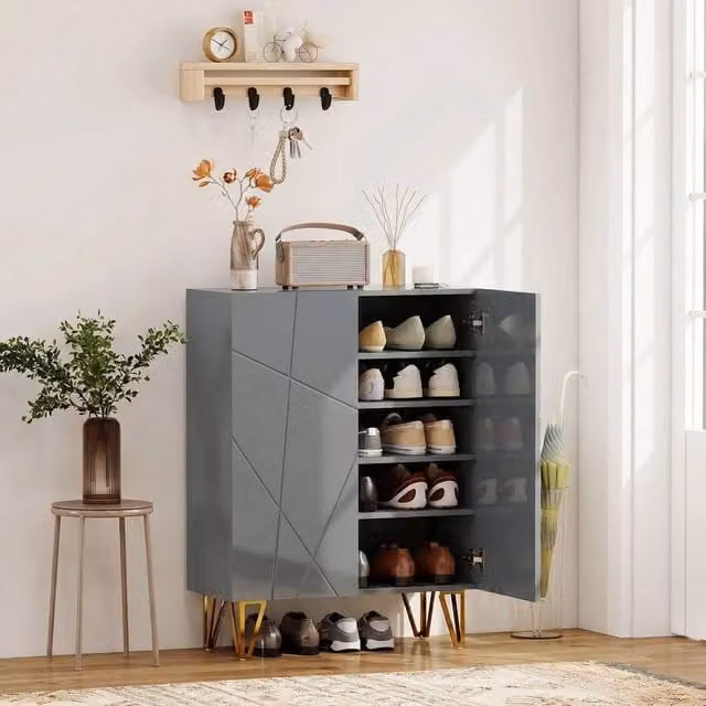 KORVIXA Narrow Glossy Grey Shoe Storage Cabinet with Soft-Close Hinged Doors