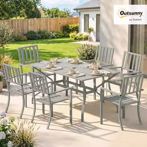 Outsunny 7 Piece Modern Garden Dining Set with Rectangular Metal Table and 6 Chairs in Grey – 2