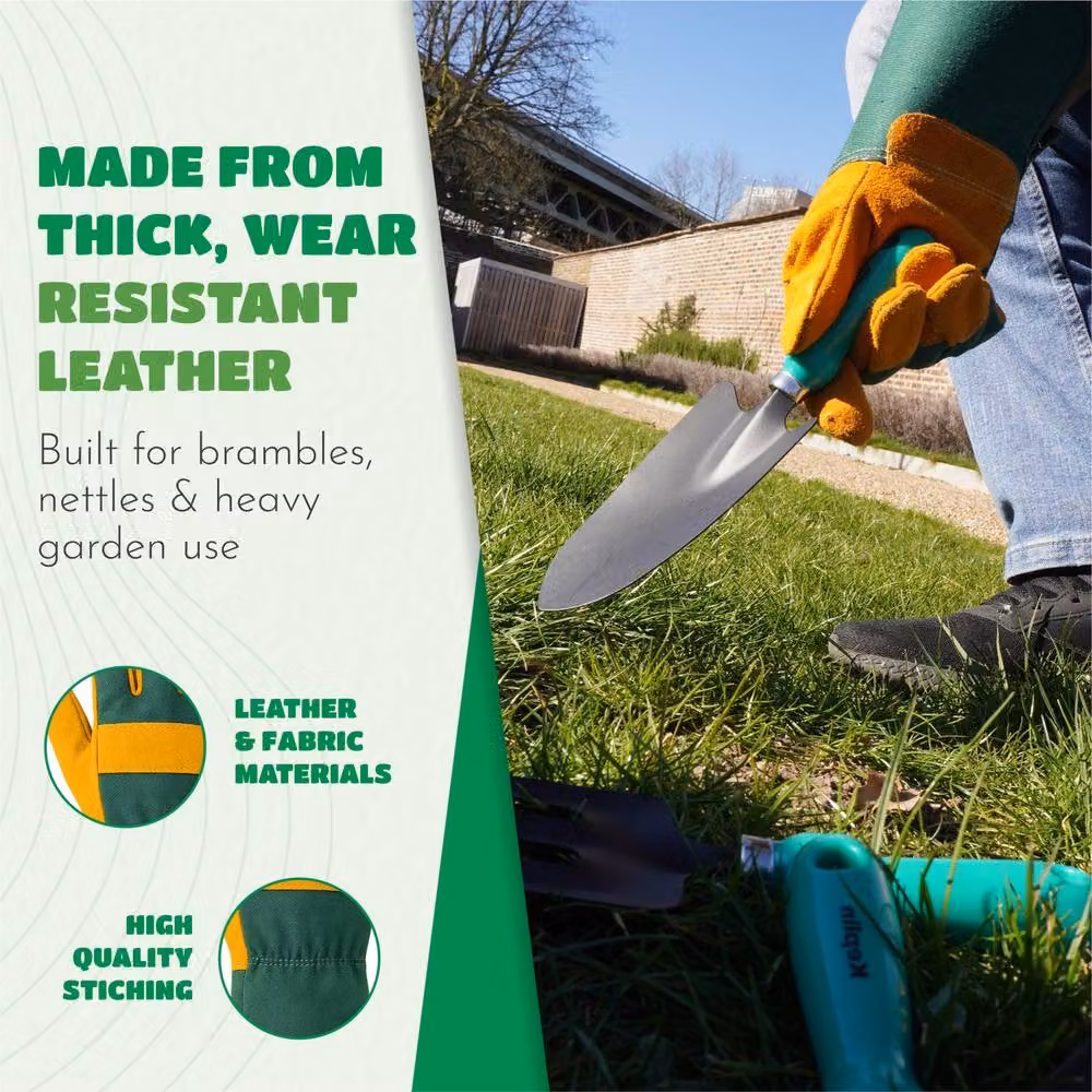 Keplin Premium Cowhide Leather and Fabric Gardening Gloves for Men and Women, Thorn and Puncture Resistant, Yellow and Green, Multicolour – 4