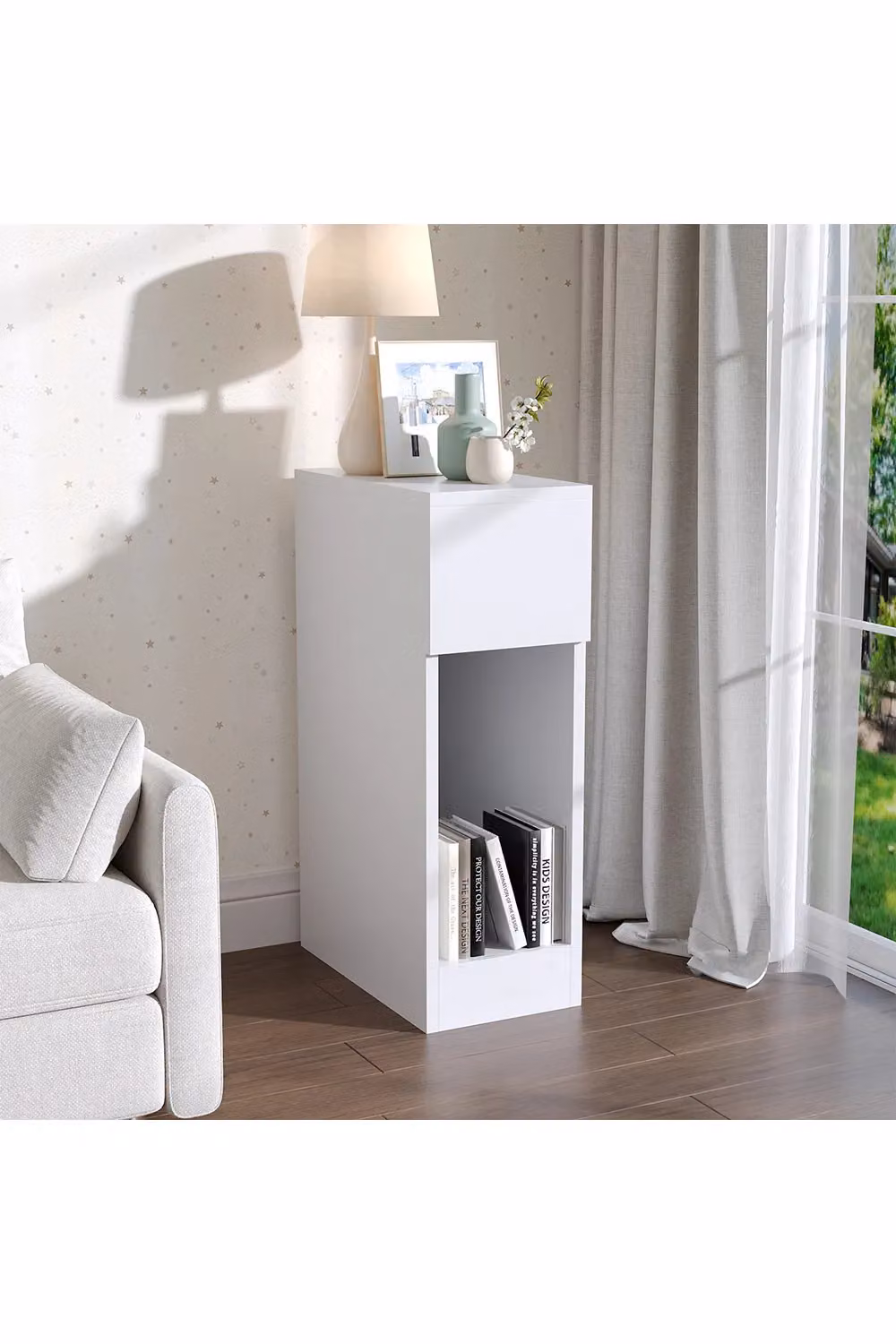 Living and Home White Bedside Table with a Drawer, W/D/H: 60 x 35 x 60 cm – 3