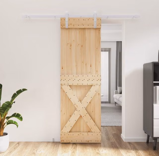 Berkfield Home Modern Sliding Door with Hardware Set in Brown Solid Pine Wood, W: 70 cm, H: 210 cm