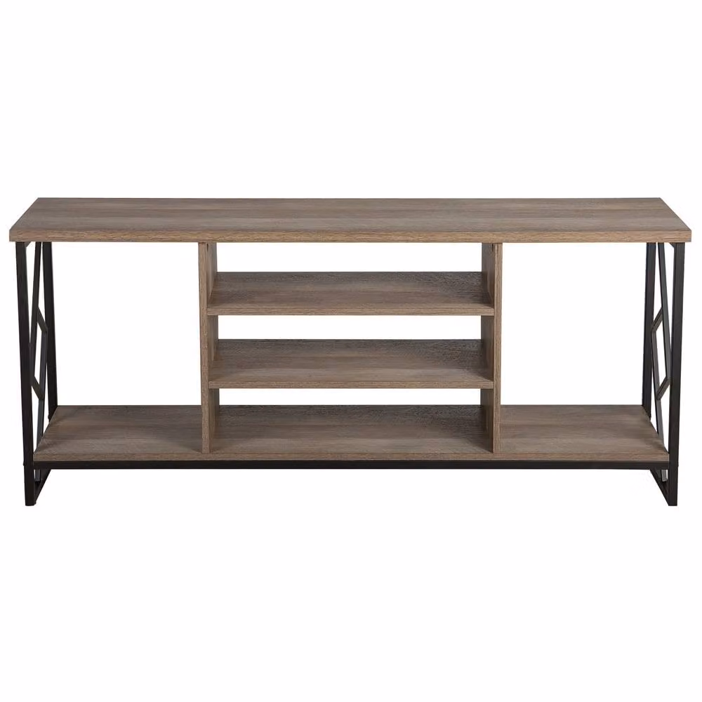 Wyld and Coco Industrial TV Stand in Dark Brown with Open Shelves and Metal Frame – 3