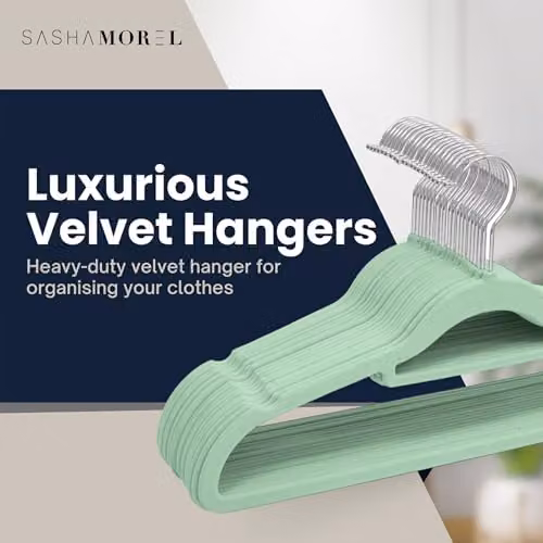 Sasha Morel 20 Pack Non-Slip Velvet Coat Hangers with Tie Organiser and Swivel Hooks, Green – 2