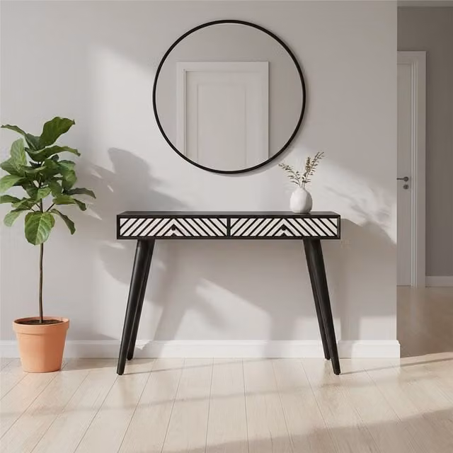 Orsina Acacia Wood Console Table with 2 Embossed Drawers in Black