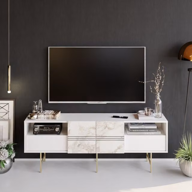 Decorotika Derin TV Unit for TVs up to 81 inch, White Marble Effect, W: 180 cm, D: 37.1 cm, H: 64.7 cm