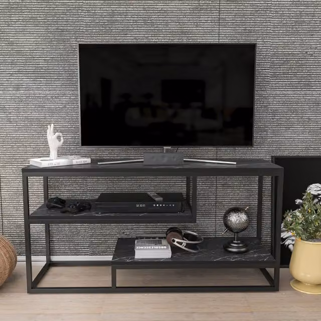 Decorotika Lorin Minimalist TV Unit in Black Marble Effect and Black Metal, Width: 120 cm