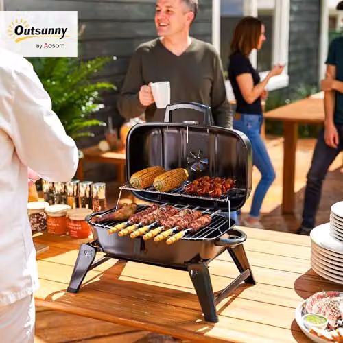 Outsunny Black Charcoal Kettle Barbecue Grill with Warming Rack and Thermometer, W/D/H: 59 x 37 x 36 cm – 2
