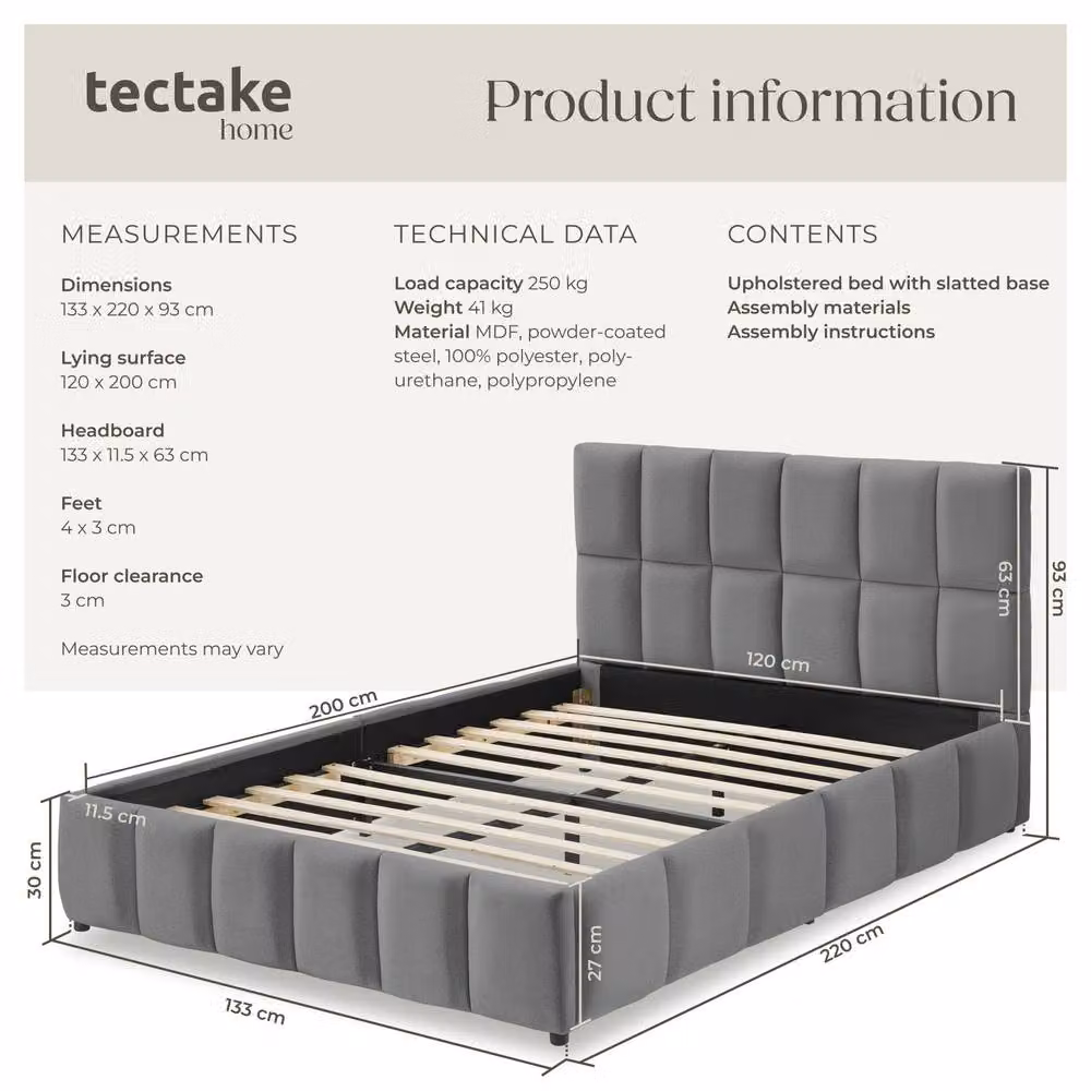 tectake Shirley Upholstered Bed with Slatted Frame in Grey, Super King Size – 6