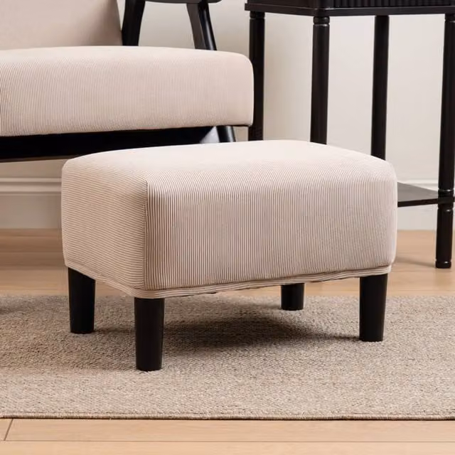 Scottish Everlastings Ltd Beige Cord Striped Foot Stool with Black Metal Legs, W/D/H: 33 x 33 x 48 cm