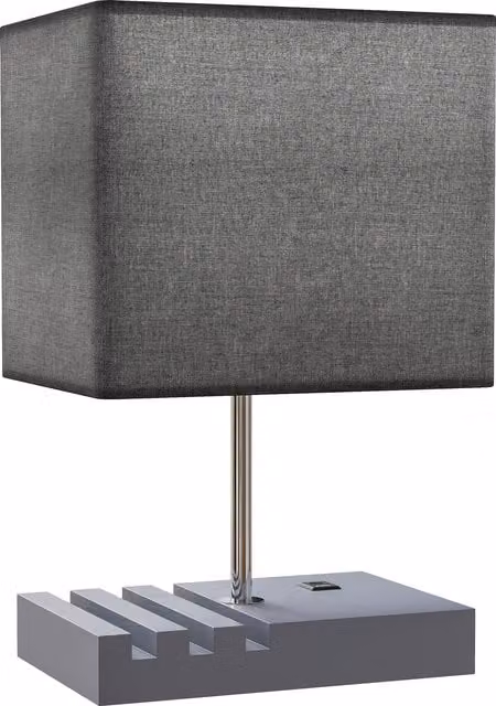 HOMCOM Modern Grey Bedside Lamp with USB A+C Charging Ports, 3 Phone Stands and Solid Wood Base with Fabric Shade, E27 Socket – 1
