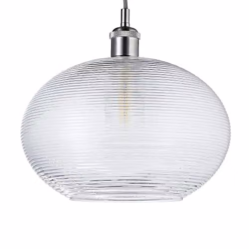 Happy Homewares Contemporary Clear Ribbed Spiral Glass Drum Shaped Pendant Light Shade, Diameter: 30 cm – 1