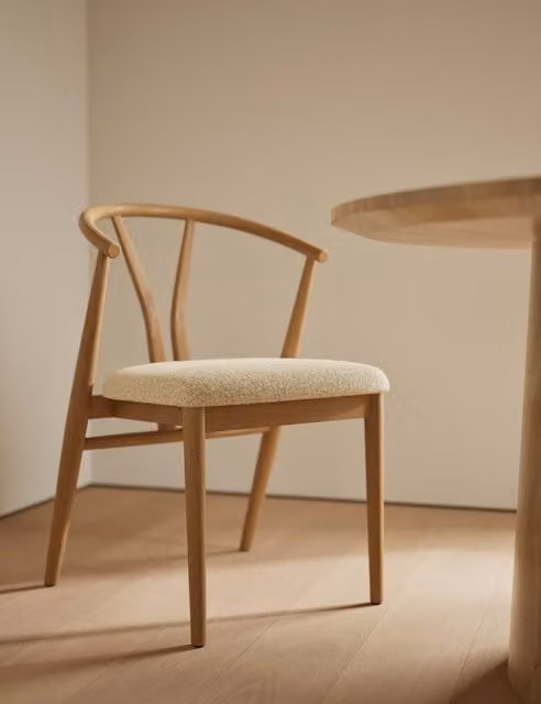 Gallery Direct Set of 2 Scandinavian Oak Dining Chairs with Beige Bouclé Upholstery and Armrests