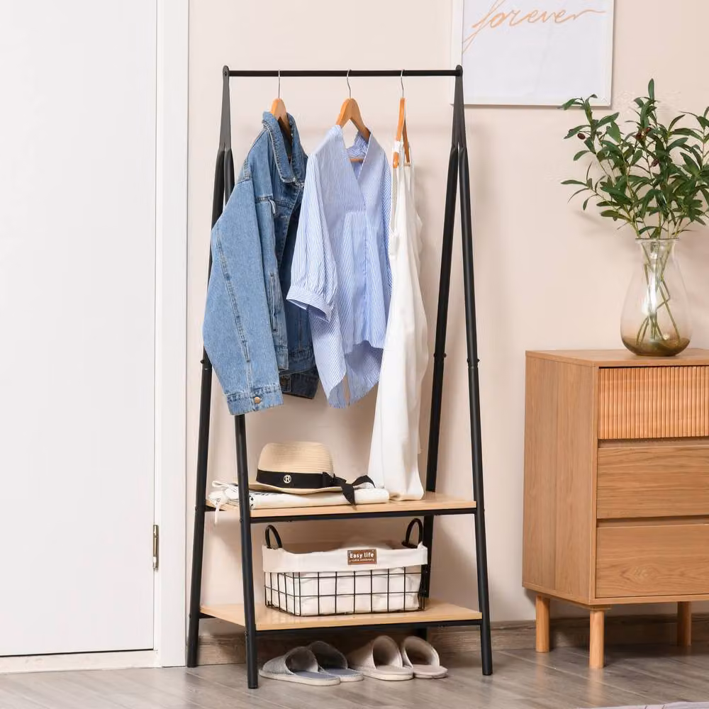 STILVORA Modern Clothes Rail with 2 Shelves in Natural and Black – 2