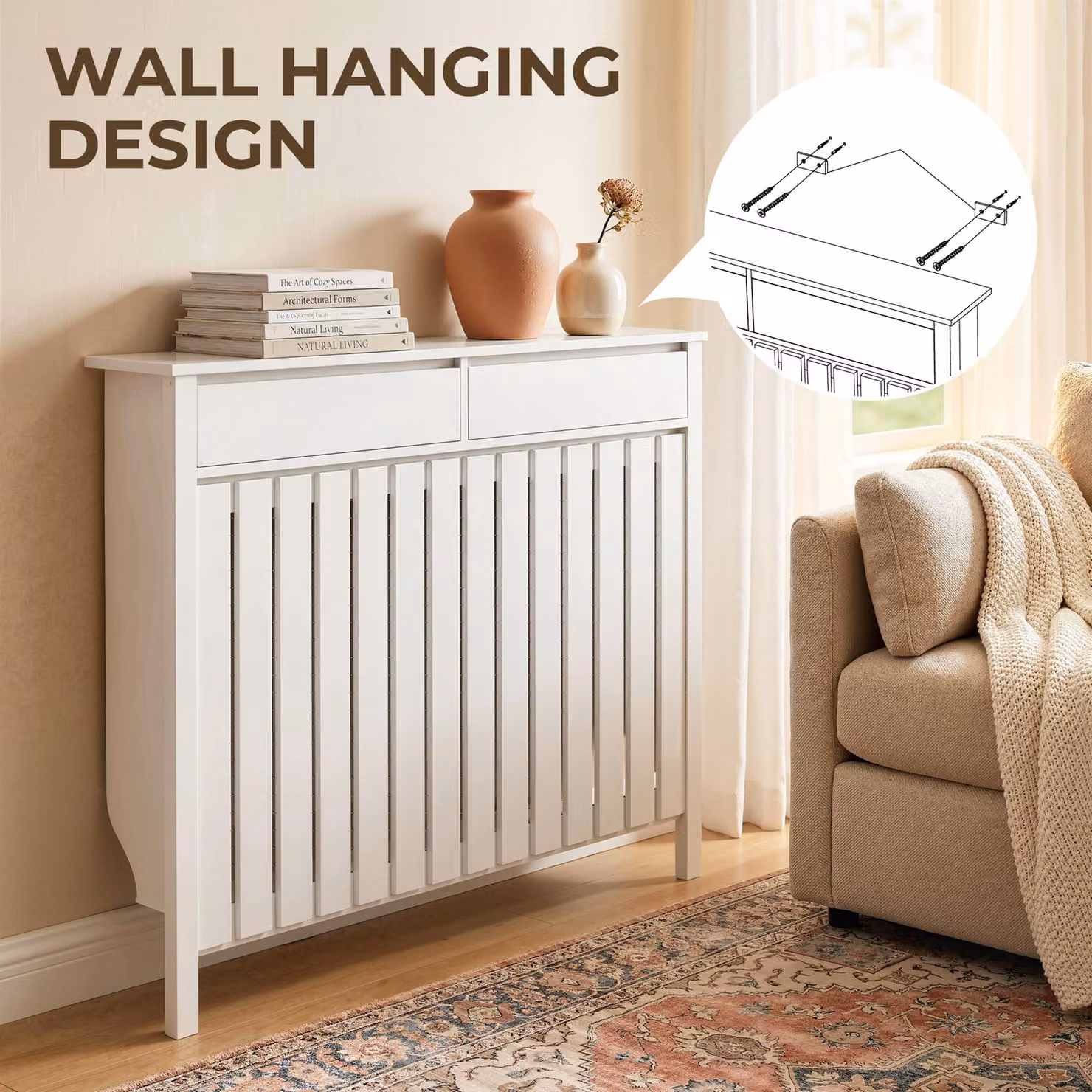 HOMCOM White Rustic-Look Radiator Cover, W: 93 cm, H: 119 cm – 2