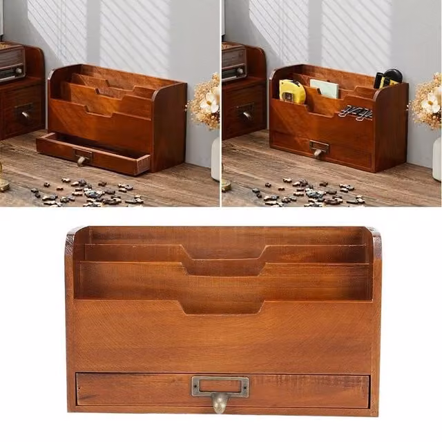 NESTLUNE Rustic Wooden Desktop Magazine Holder and File Organiser in Brown – 1